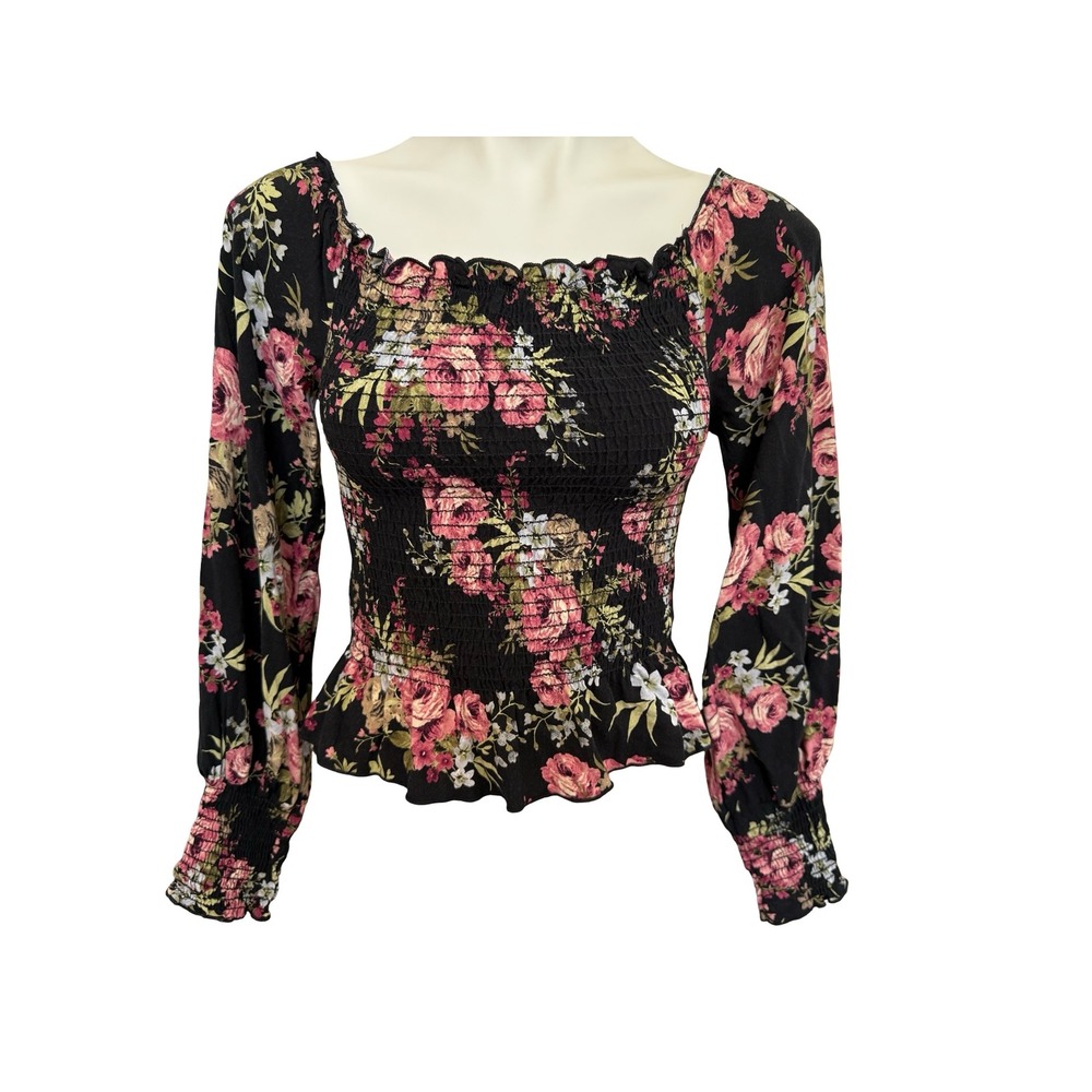 Windsor Garden Floral Smocked Top Black Pink Rose Y2K Made in USA Juniors Large